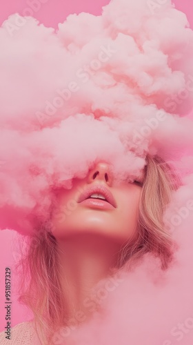 Young Woman with Her Head in a Pink Cloud on a Pastel Pink Background