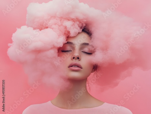 Young Woman with Her Head in a Pink Cloud on a Pastel Pink Background