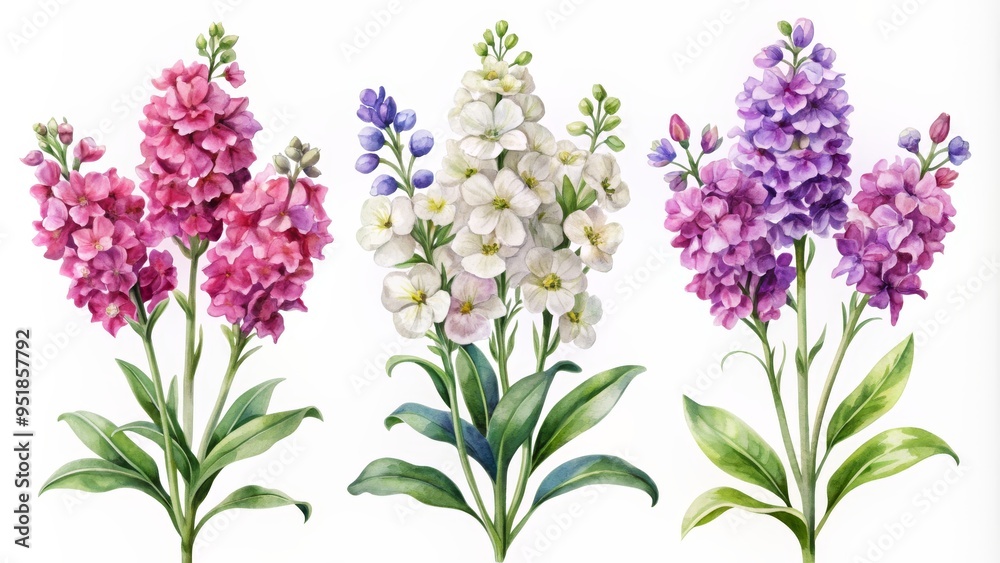 Naklejka premium Watercolor Illustration of Pink, White, and Purple Flowers, Watercolor, Floral, Spring, Flowers