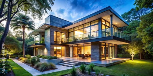 In harmony with nature, a contemporary home's sleek design blends seamlessly with soaring ceilings and floor-to-ceiling glass, bathing the space in drama and serenity. photo