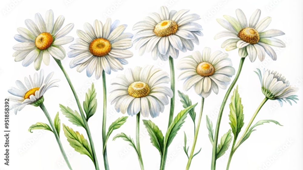Fototapeta premium Watercolor Painting of a Bouquet of Seven White Daisies with Green Stems and Leaves, Flower, Daisy, Watercolor, Botanical, ,