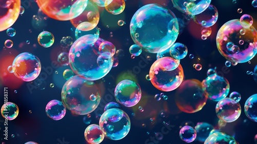 Soap bubbles on colorful blurred background. Neural network ai generated art