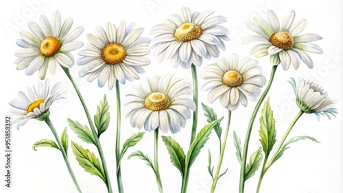 Watercolor Painting of a Bouquet of Seven White Daisies with Green Stems and Leaves, Flower, Daisy, Watercolor, Botanical, ,