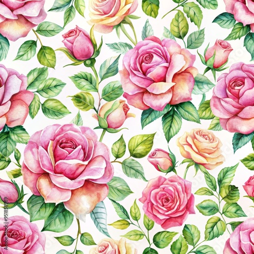 Watercolor Pink and Yellow Roses Seamless Pattern, Floral, Watercolor, Pattern, Seamless, Roses, Flowers