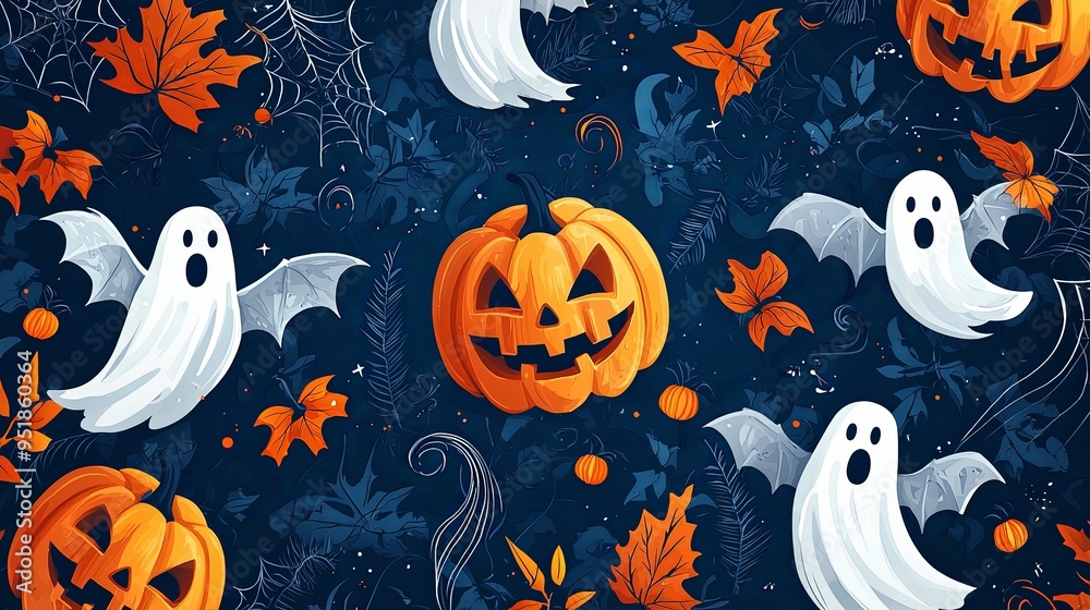 A playful Halloween design featuring a ghost with pumpkin elements, surrounded by bat wings, fall leaves, and intricate decorations against a dark background.