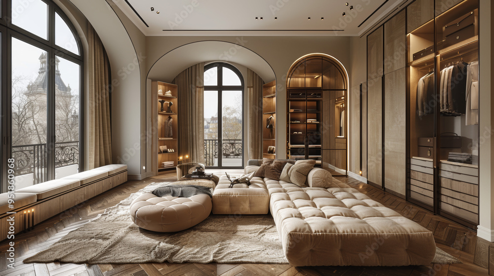 Luxurious modern wardrobes with arched windows, beige curtains, and ...