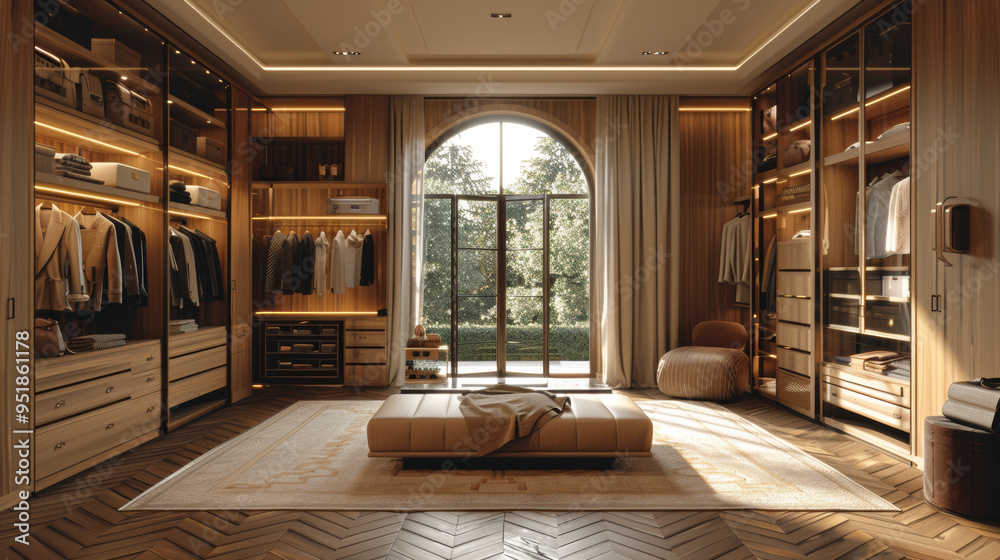Fototapeta premium Luxurious modern wardrobes with arched windows, beige curtains, and black accents in elegant dressing rooms, enhanced by natural light and sophisticated design elements.