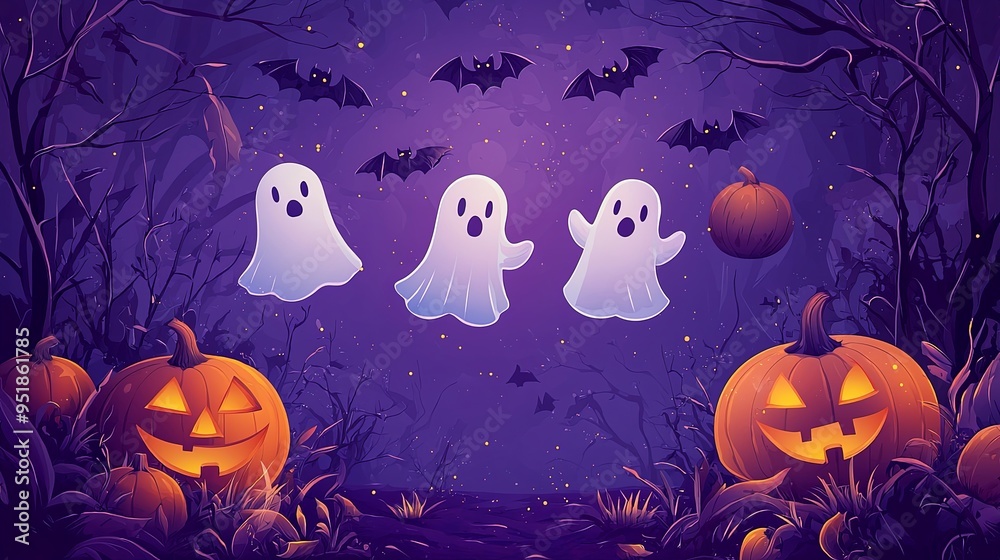 Three cartoon ghosts and glowing pumpkins surrounded by flying bats in a dark forest, creating a charmingly spooky atmosphere perfect for Halloween celebrations. Three cartoon ghosts and glowing pumpkins surrounded by flying bats in a dark forest, creating a charmingly spooky atmosphere perfect for Halloween celebrations.