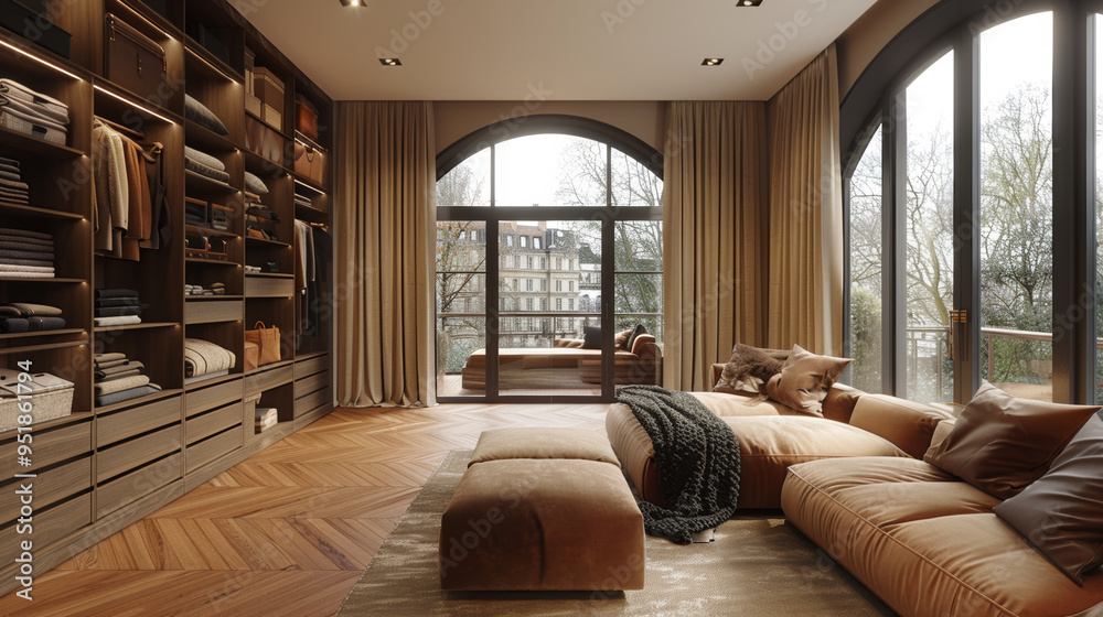 Luxurious modern wardrobes with arched windows, beige curtains, and ...