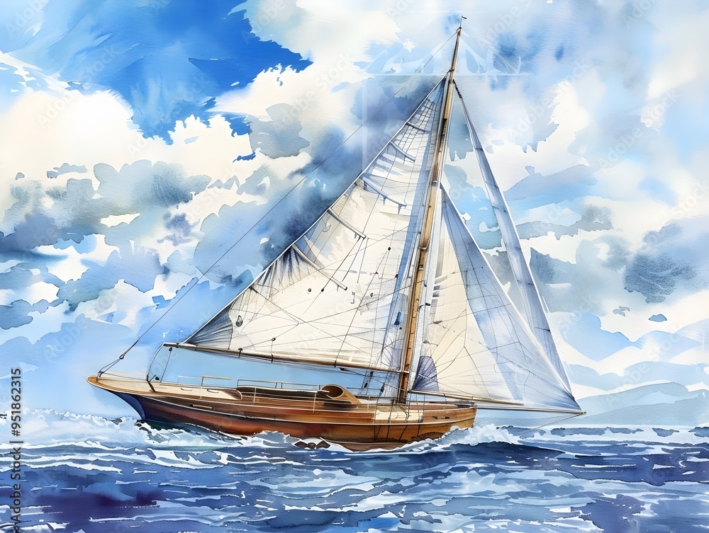 Fototapeta premium A watercolor painting of a sailboat with white sails set against a blue sky with white clouds.