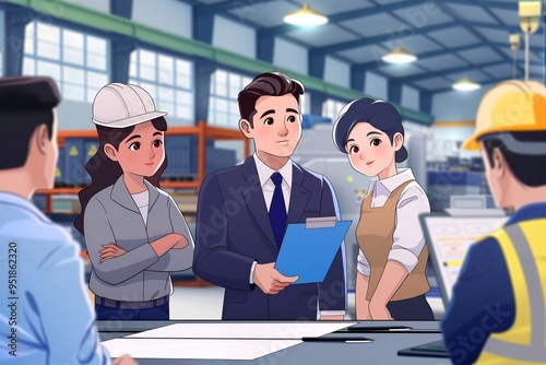 Engineer manager holding clipboard discussing project plans with construction workers team in industrial factory warehouse setting, anime illustration