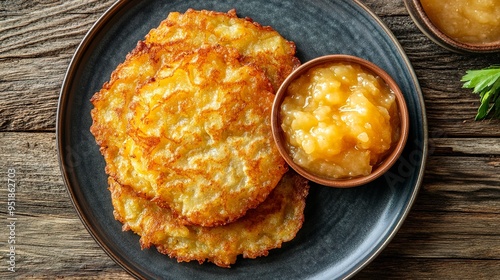 Jewish food. Fried Latkes on plate, and sweet applesauce in a small bowl photo