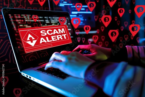 Hands typing on laptop with SCAM ALERT warning message online fraud and internet security concept digital crime prevention