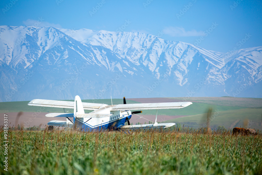 Fototapeta premium The plane flies over the fields, spraying the fields with insecticides for a good harvest.
