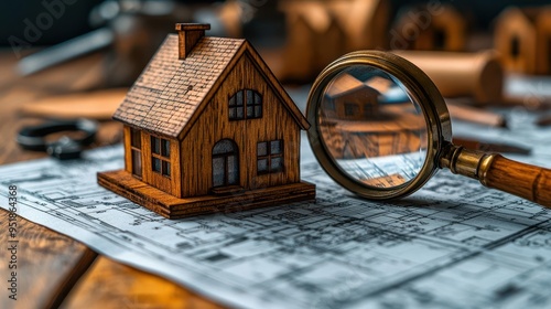 whimsical miniature wooden houses under magnifying glass surrounded by blueprint sketches and architects tools photo