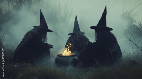 Three witches sitting around a cauldron