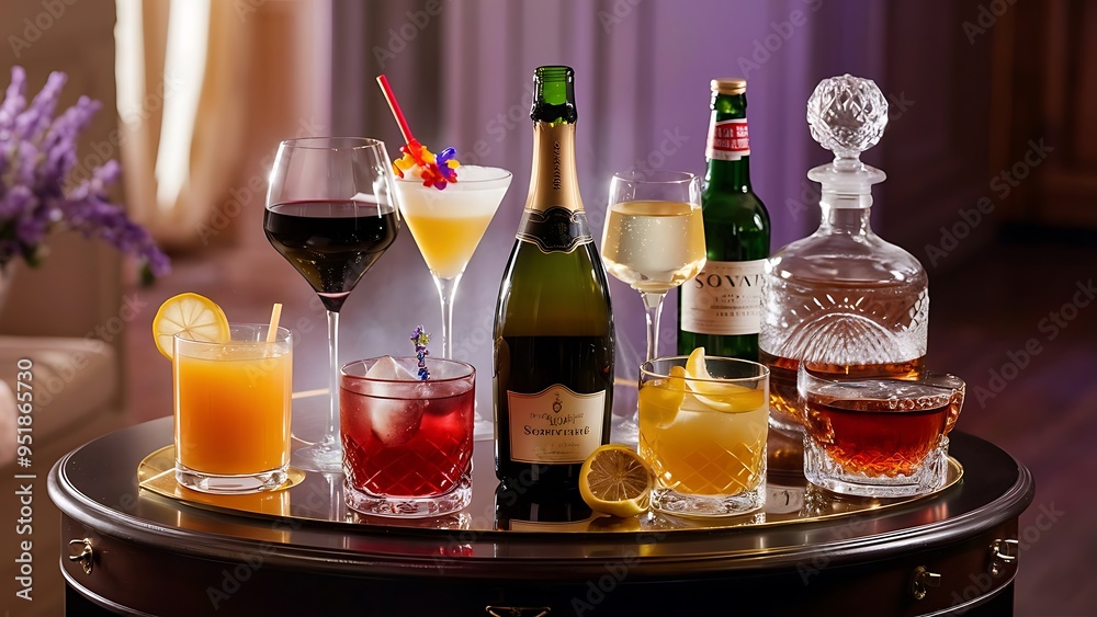 Different alcohol drinks set - beer, wine, cocktail, juice, champagne, scotch, soda Different alcohol drinks set - beer, wine, cocktail, juice, champagne, scotch, soda