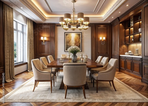 Luxurious grandeur dining room with rich walnut wood tone, velvety soft golden lighting, majestic chandelier, plush cream upholstery, and modern minimalist art pieces against cream walls.