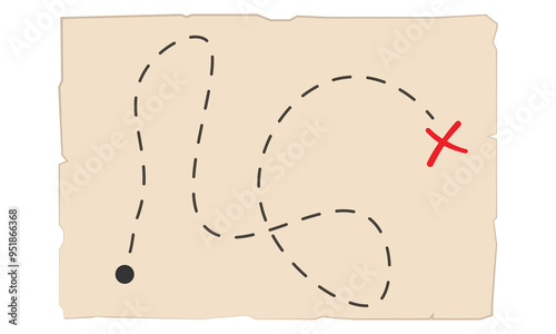 Vintage treasure map with red X marks the spot. Simple map template