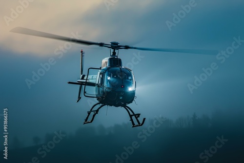 Modern blue helicopter is hovering over a foggy landscape at twilight