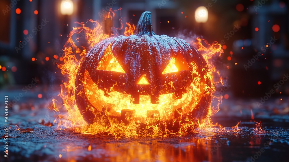 Flaming Halloween pumpkin glowing brightly at dusk in a festive neighborhood Flaming Halloween pumpkin glowing brightly at dusk in a festive neighborhood