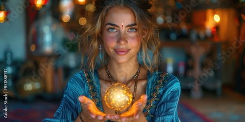 Fortune teller woman holding a magic ball in her hands