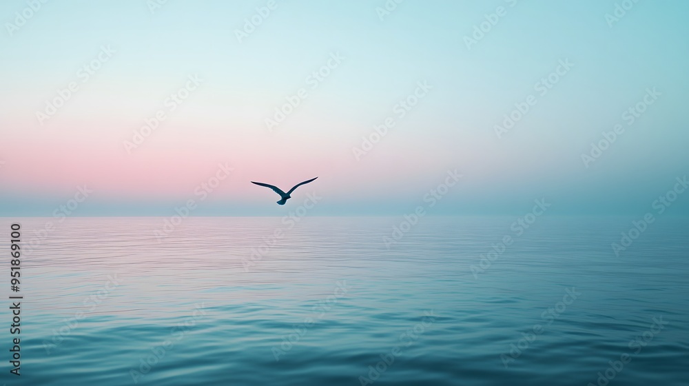 Fototapeta premium A single bird flying over a calm sea at dusk with a blue and pink sky, creating a peaceful and minimal scene.