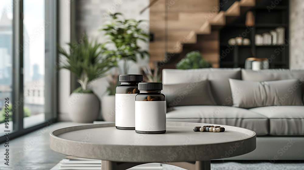 Two bottles of pills on a coffee table in a modern living room, with a couch and a plant in the background. Two bottles of pills on a coffee table in a modern living room, with a couch and a plant in the background.