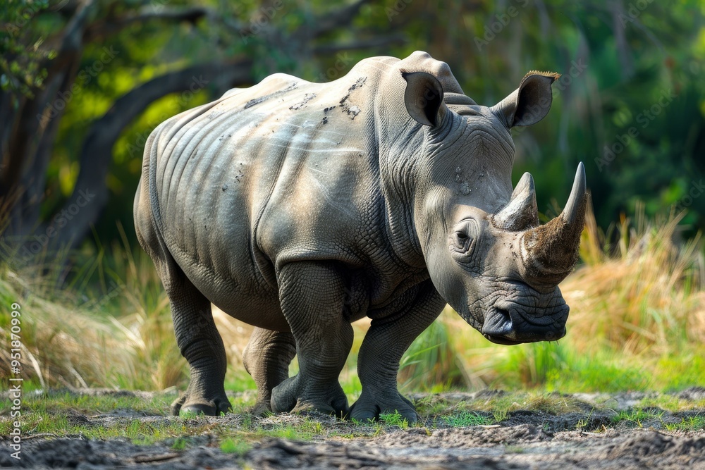 Large white rhinoceros is walking through a grassy field on a sunny day Large white rhinoceros is walking through a grassy field on a sunny day