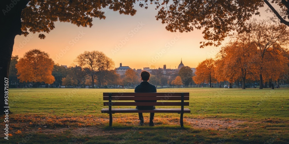Solitary figure on a park bench watching autumn sunset in the city Solitary figure on a park bench watching autumn sunset in the city