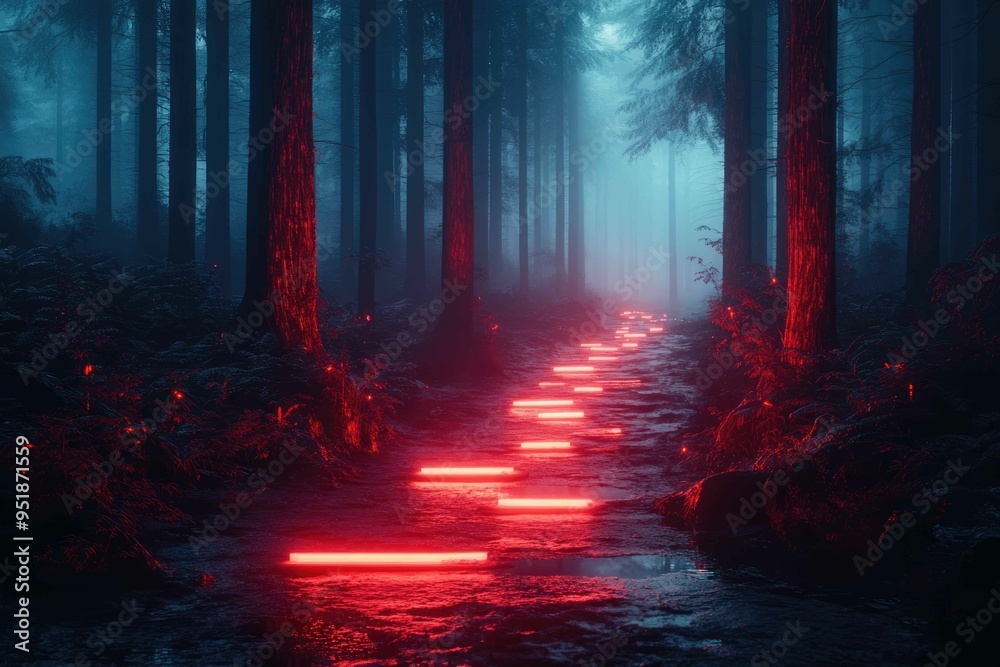 Futuristic Halloween Night in Abstract Spooky Forest with Holographic Trees and Neon-Lit Paths Futuristic Halloween Night in Abstract Spooky Forest with Holographic Trees and Neon-Lit Paths