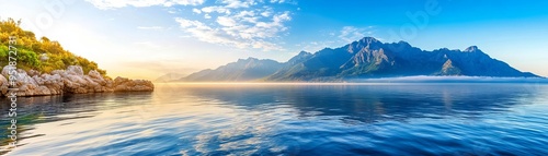 Quiet sea bathed in soft morning light, with a hint of mist, creating a peaceful and serene atmosphere for early morning calm themes