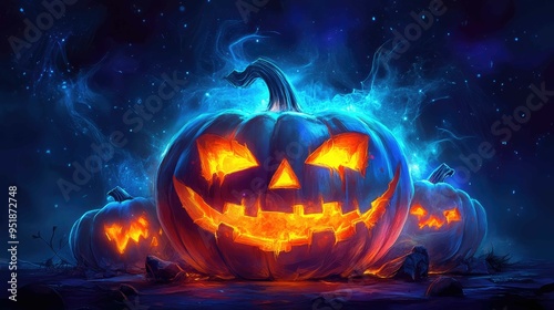 Neon Ghost Shapes and Holographic Pumpkins on Futuristic Dark Background - Abstract Halloween Concept