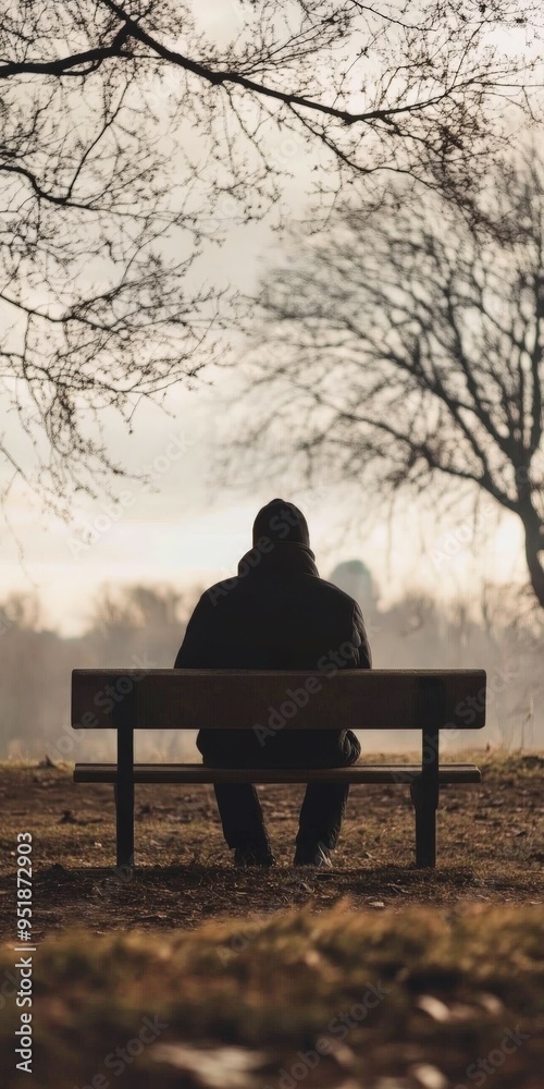 A solitary figure sitting on a bench beneath barren trees at dusk A solitary figure sitting on a bench beneath barren trees at dusk