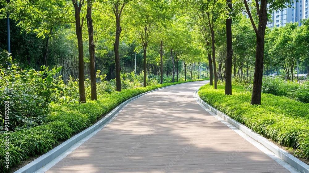 Urban bicycle path lined with lush trees, serene and eco-friendly cityscape, transportation concept Urban bicycle path lined with lush trees, serene and eco-friendly cityscape, transportation concept