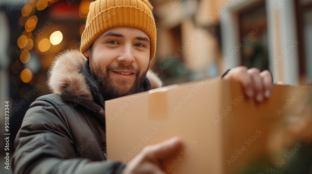 Man in a warm jacket and beanie holding a cardboard box, smiling outdoors. Perfect for delivery, winter, and holiday themes.