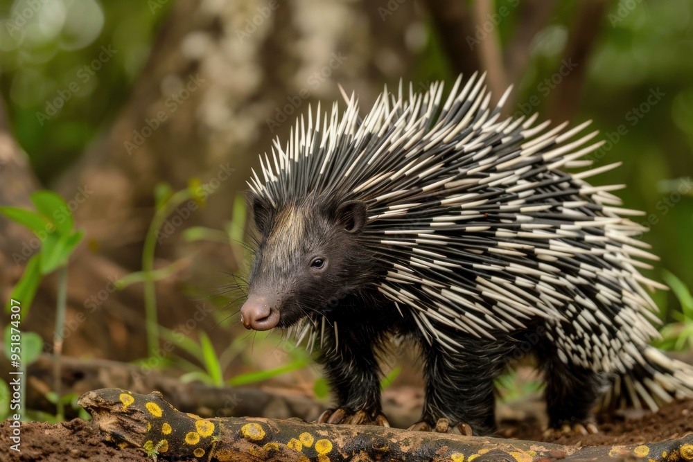 Naklejka premium Indian crested porcupine walking on a forest floor