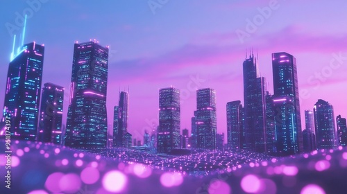 Futuristic landscape with renewable energy sources symbolizes the new economy focused on sustainability and innovation in purple tones.