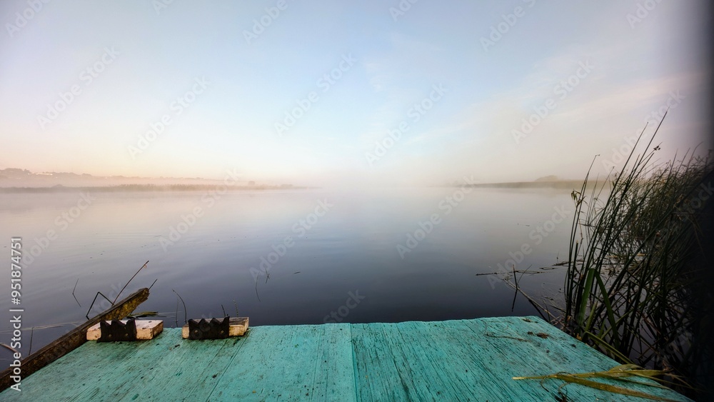 Morning river scenery from blue platform on Corrib river at Galway, Ireland, landscape and nature background, fishing area