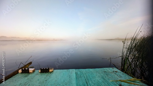 Obraz na płótnie Morning river scenery from blue platform on Corrib river at Galway, Ireland, landscape and nature background, fishing area w salonie