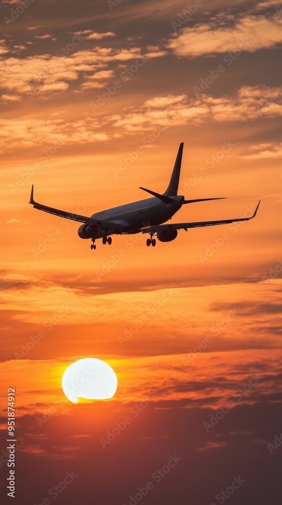 Airplane landing at sunset over the horizon in a colorful sky Airplane landing at sunset over the horizon in a colorful sky