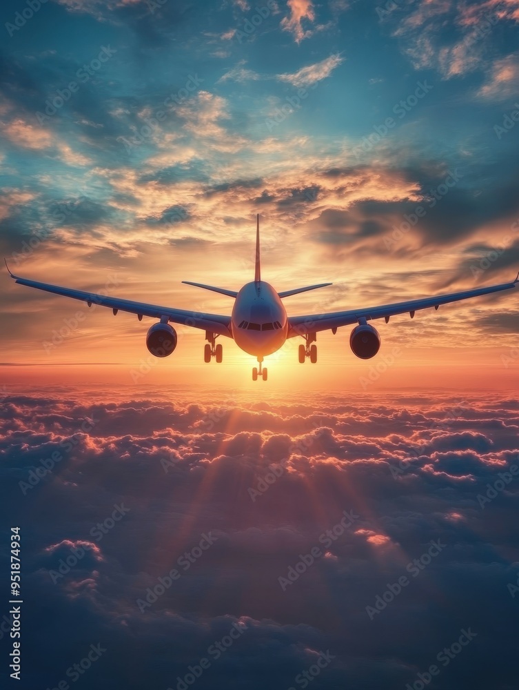 Airplane flying through clouds at sunset, showcasing vibrant sky colors Airplane flying through clouds at sunset, showcasing vibrant sky colors