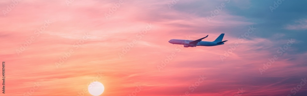 Airplane flying at sunset above vibrant clouds in a clear sky Airplane flying at sunset above vibrant clouds in a clear sky