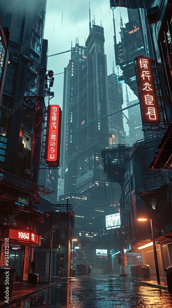 Φωτογραφία The image depicts a futuristic cityscape at night, characterized by towering skyscrapers adorned with brightly lit neon signage featuring Asian characters