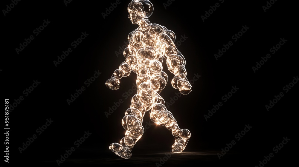 Illuminated figure made of bubbles walking against a dark background Illuminated figure made of bubbles walking against a dark background