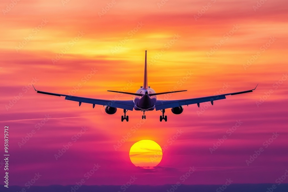 Airplane landing against a vibrant sunset over the horizon Airplane landing against a vibrant sunset over the horizon
