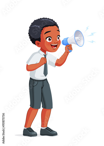 Young African American school boy with megaphone speaking or shouting excitedly making announcement vector illustration.