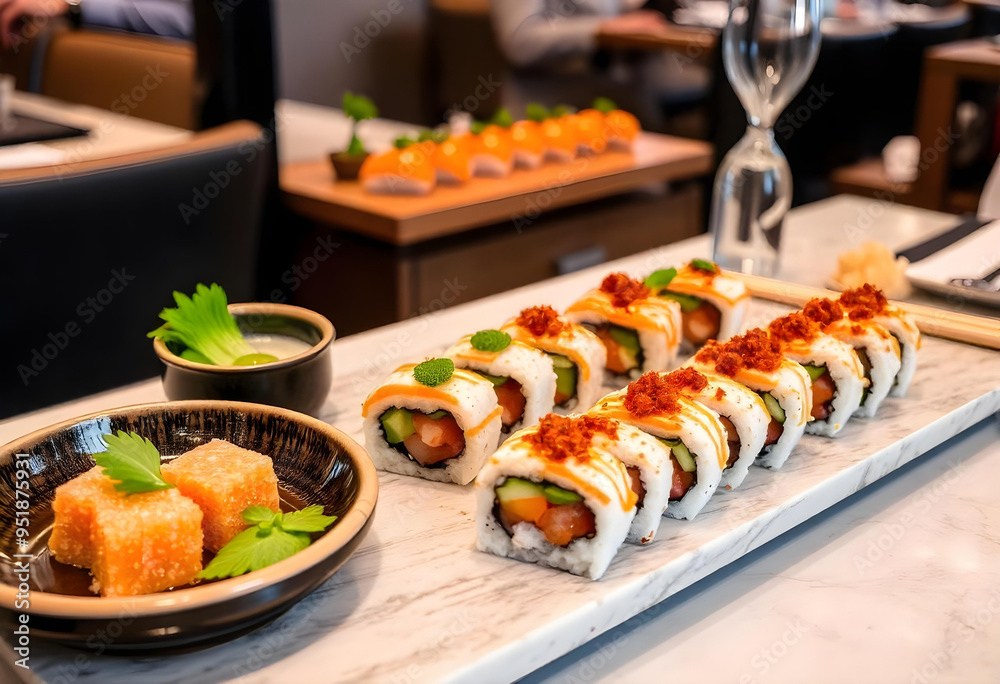 Delicious sushi set restaurant table plate healthy Delicious sushi set restaurant table plate healthy