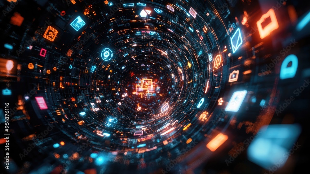 Obraz premium Abstract digital tunnel with colorful glowing lines and shapes.