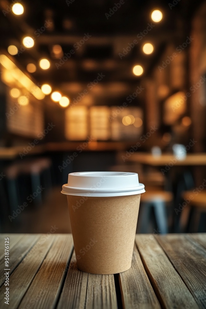 Warm coffee cup on a wooden table in a cozy café during the evening Warm coffee cup on a wooden table in a cozy café during the evening